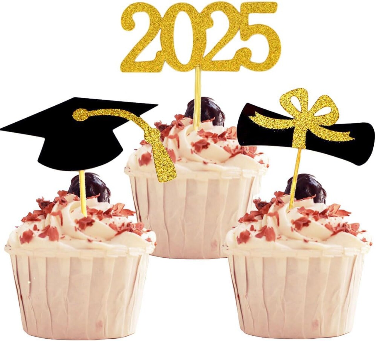2025 Graduation Cupcake Toppers, 48 PCS Food/Appetizer Picks (01 Gold)